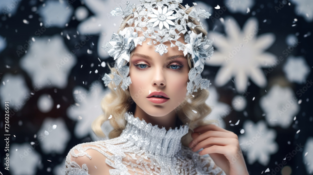 Snowflake Beauty: Glamorous Model with Snowflakes on Her Hair and Face