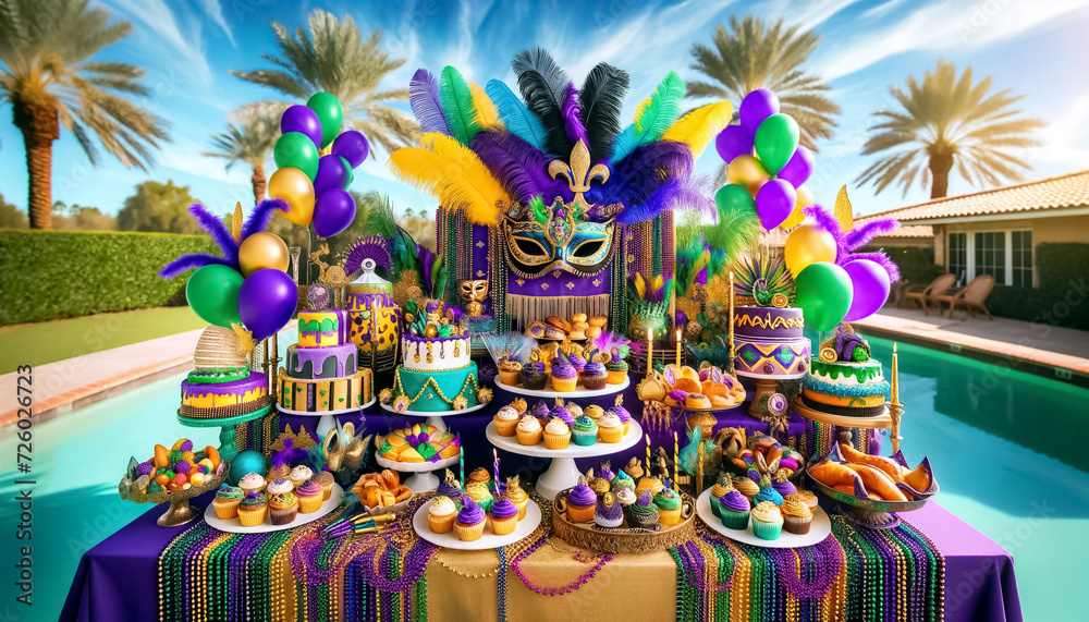 Fototapeta premium Vibrant Mardi Gras Dessert Table Spread Under Tropical Palms