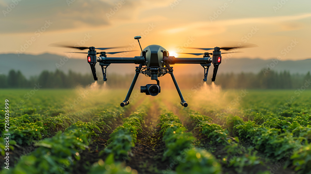 High-tech drone spraying crops in the early morning light, a modern farm scene - obrazy, fototapety, plakaty 