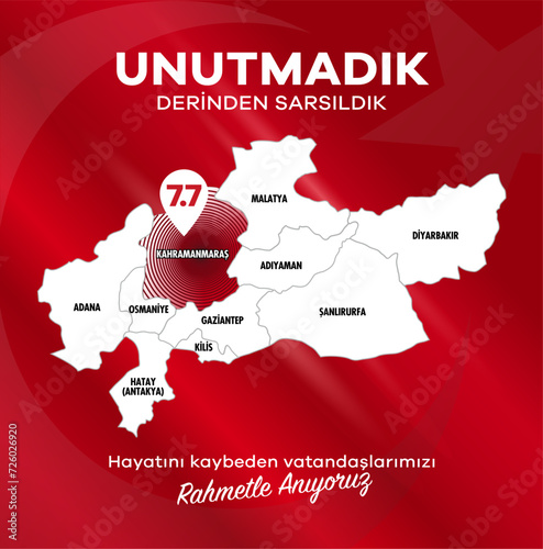 Türkiye Depremi. Translation: Turkey Earthquake. Get well soon to all of us. Kahramanmaras, Hatay, Osmaniye, Adıyaman, Gaziantep, Sanliurfa Diyarbakir, Malatya, Adana.