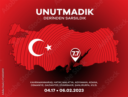 Türkiye Depremi. Translation: Turkey Earthquake. Get well soon to all of us. Kahramanmaras, Hatay, Osmaniye, Adıyaman, Gaziantep, Sanliurfa Diyarbakir, Malatya, Adana. photo
