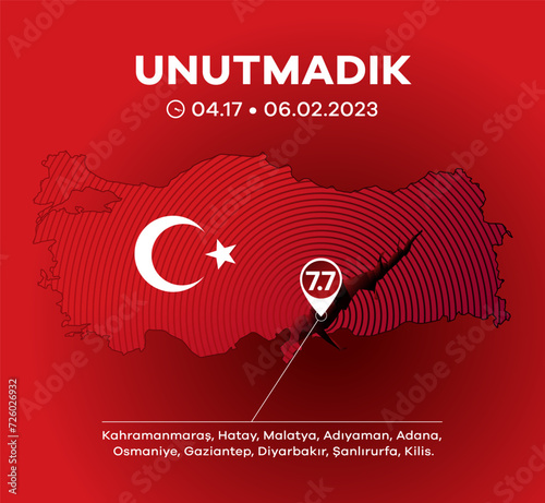 Türkiye Depremi. Translation: Turkey Earthquake. Get well soon to all of us. Kahramanmaras, Hatay, Osmaniye, Adıyaman, Gaziantep, Sanliurfa Diyarbakir, Malatya, Adana.