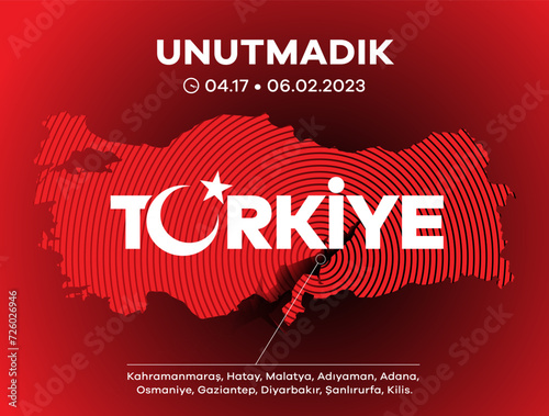 Türkiye Depremi. Translation: Turkey Earthquake. Get well soon to all of us. Kahramanmaras, Hatay, Osmaniye, Adıyaman, Gaziantep, Sanliurfa Diyarbakir, Malatya, Adana.