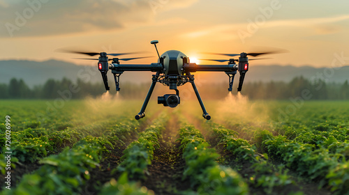 High-tech drone spraying crops in the early morning light, a modern farm scene photo