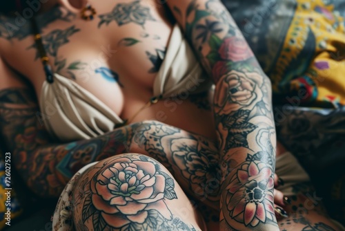 A close-up of a naked woman wearing underwear and lying down. Her whole body is tattooed and her arm, leg and stomach are covered with floral tattoos, gothic goth athlete woman, AI Generated.