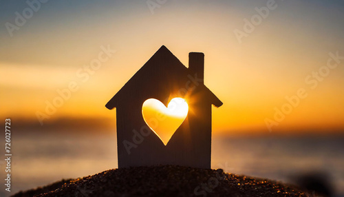 Miniature house with heart shape window on sunset background. Sweet home concept. Family warmth, love and protection