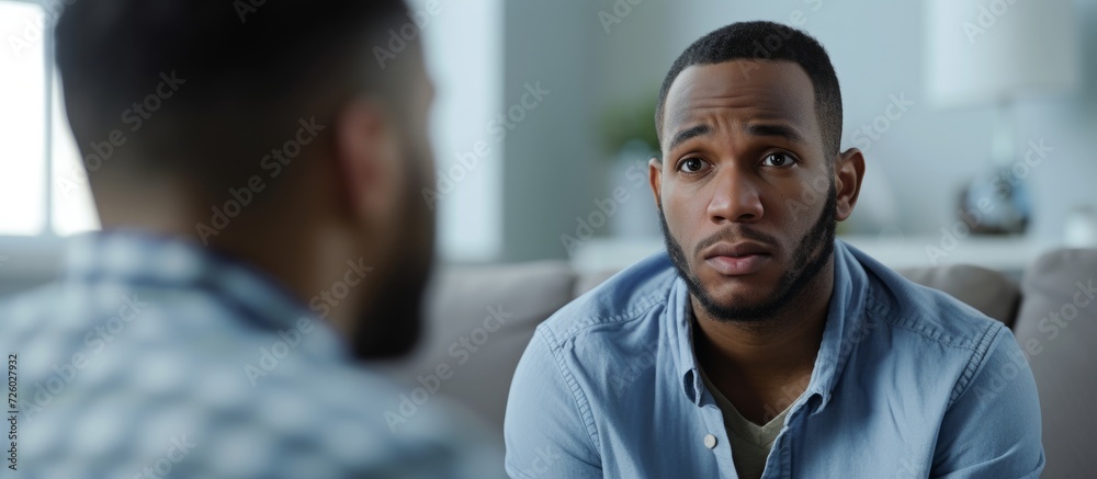 Obraz premium Black man with depression seeks therapy from professional psychologist.