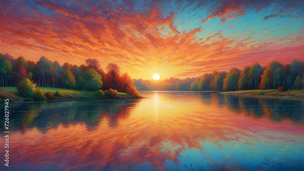 A vibrant sunrise reflected in a lake, captured in colorful pencil sketch