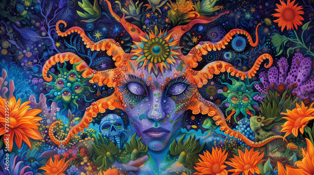 artistic grotesque alien head surrounded by an abstract landscape artistic grotesque alien head surrounded by an abstract landscape