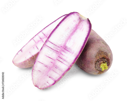 Ripe purple daikon radishes isolated on white photo