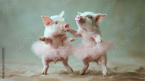 two pigs dancing in tutu, cute animal illustration, isolated