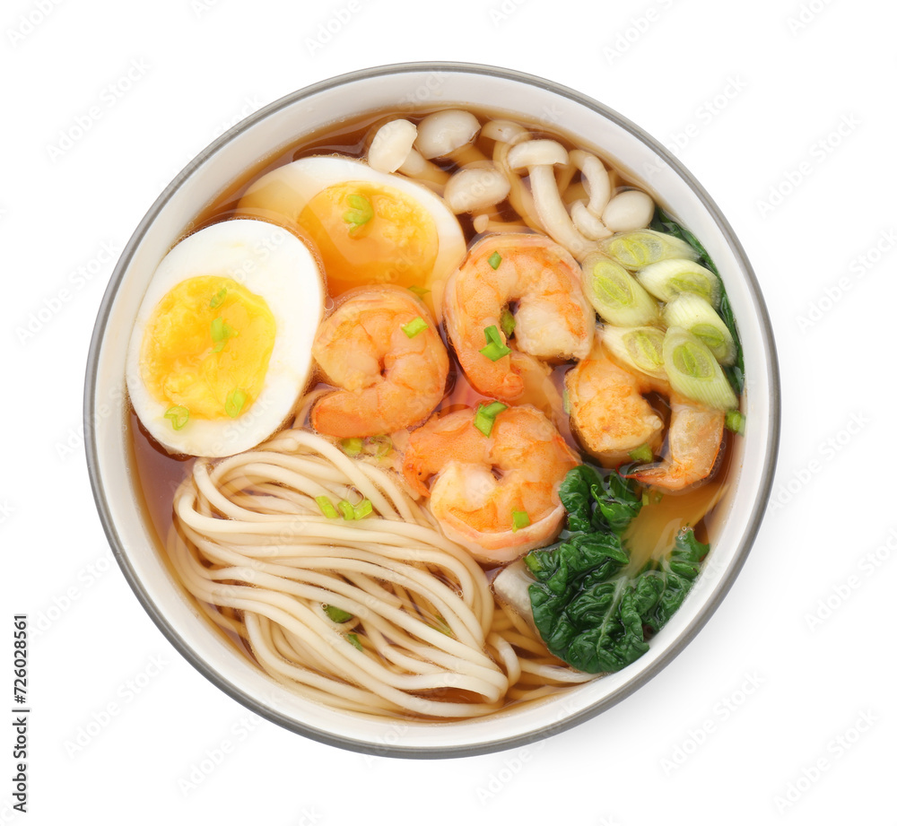 Delicious ramen with shrimps and egg in bowl isolated on white, top view. Noodle soup Delicious ramen with shrimps and egg in bowl isolated on white, top view. Noodle soup
