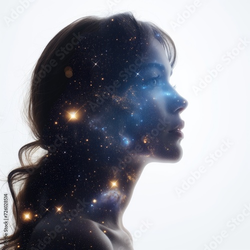 innerself, woman with cosmic space double exposure, mental health banner, copy space photo