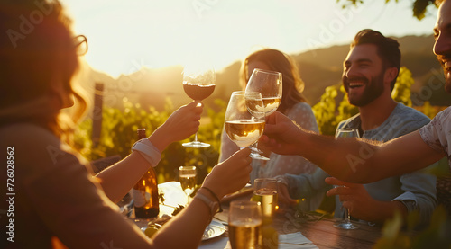 wine drinkers celebrating with wine tasting at sunset in wine country on a vineyard photo