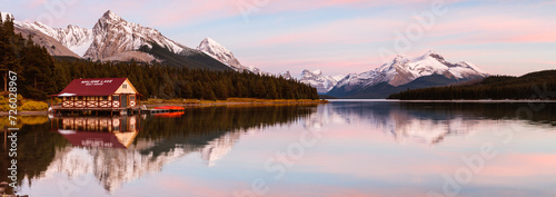 Maligne lake panoramic at sunset, Jasper National Park, Canada photo