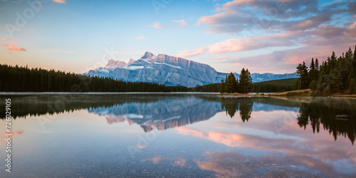 Panoramic of Mt Rundle reflected in Two Jack lake, Banff, Canada