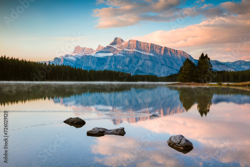 Mount Rundle reflected in the water at sunset, Two Jack lake, Banff National Park, Canada photo