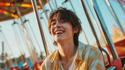 遊園地の明るい日差しの下で笑顔溢れるデートをしている日本人男性 photo