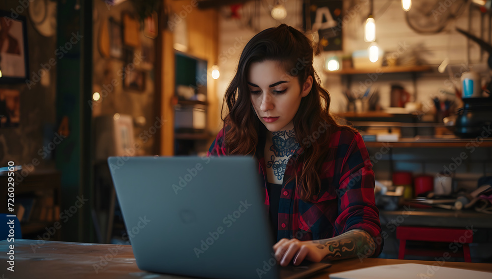 young girl with tatoo using laptop in the workshop young girl with tatoo using laptop in the workshop