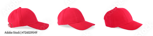 Stylish red baseball cap isolated on white, set