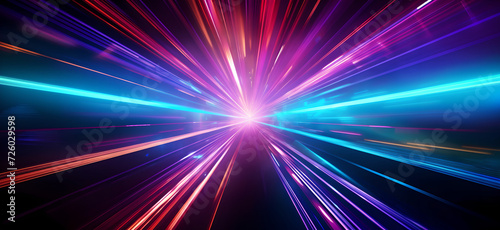  orange and blue purple rays of light in a tunnel at night in space futuristic scene , bold colorful lines, speed and motion,Lightspeed, hyperspace, space warp background,event horizon