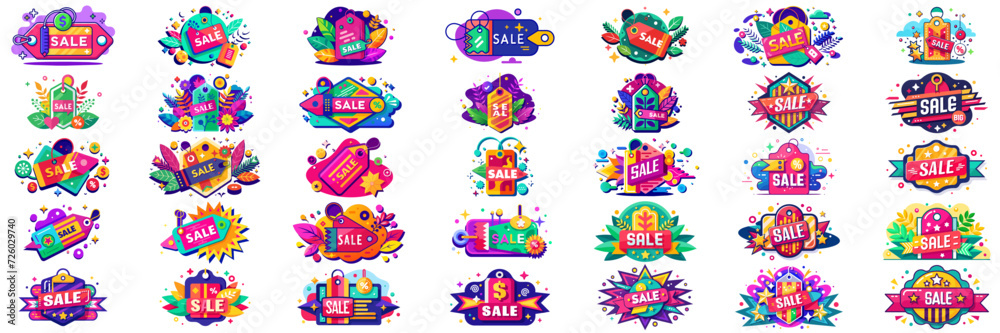 Fototapeta premium A set of SALE themed vibrant icons, each with their own unique design.