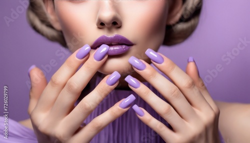 close-up of hands with purple nails near a blurred face against a purple background.