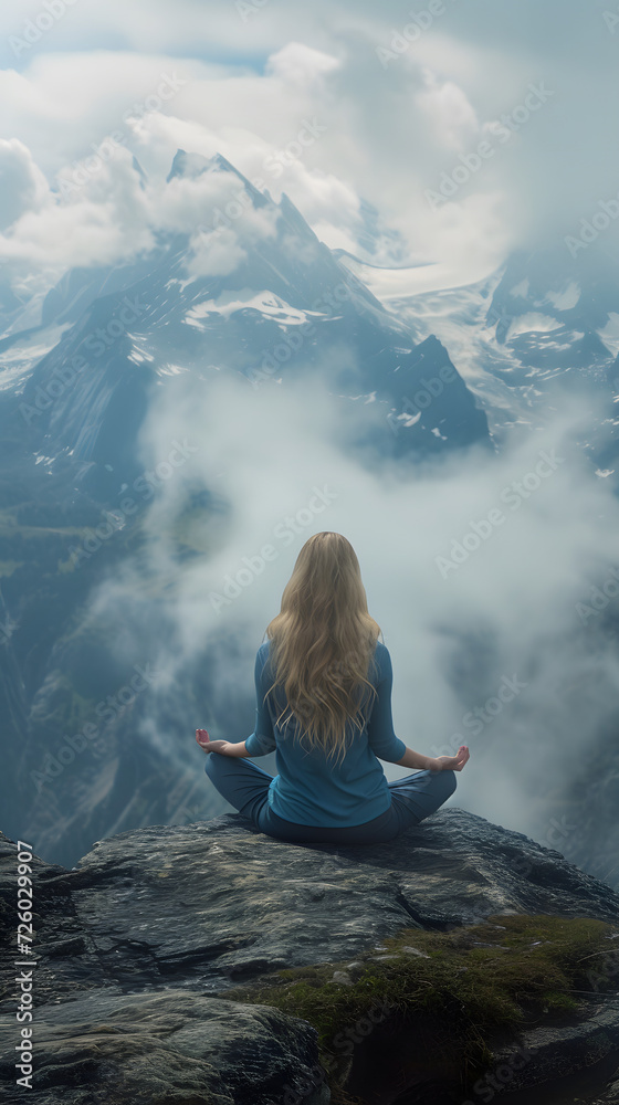 young woman meditating in lotus pose overlooks the mountains with mist