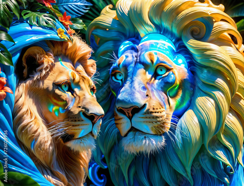 Intriguing Psychedelic Lion with Pensive Old Woman in Dynamic Tropical Paradise Gen AI photo