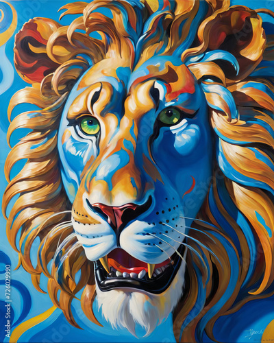 Whimsical Lion - Psychedelic close-up of a lion with shadow puppet in vibrant, fantastical environment Gen AI photo