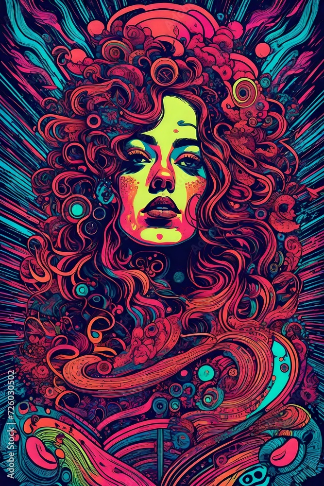 a vintage retro black light psychedelic concert gig band music poster featuring a pretty rockstar woman