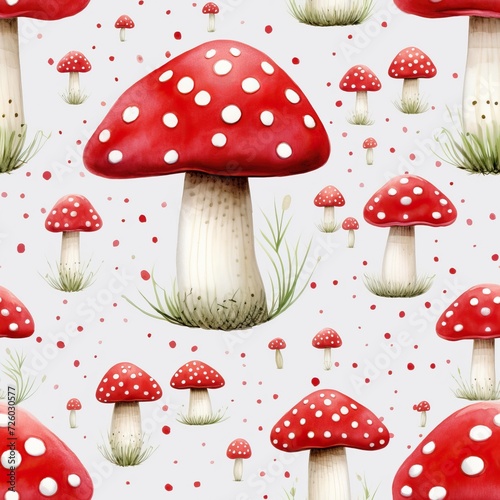 Seamless pattern with watercolor fly agaric mushrooms. Amanita muscaria