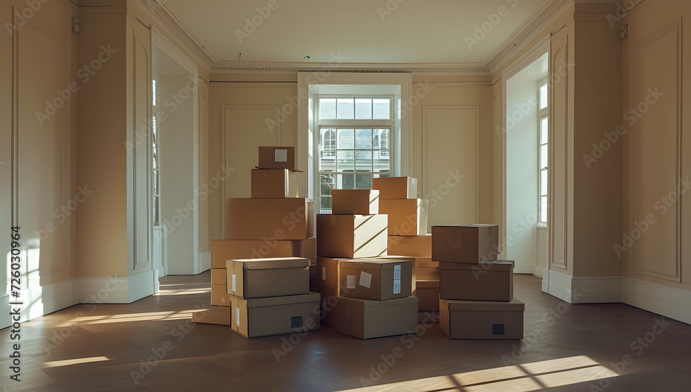 an empty new house with boxes piled up in the middle an empty new house with boxes piled up in the middle