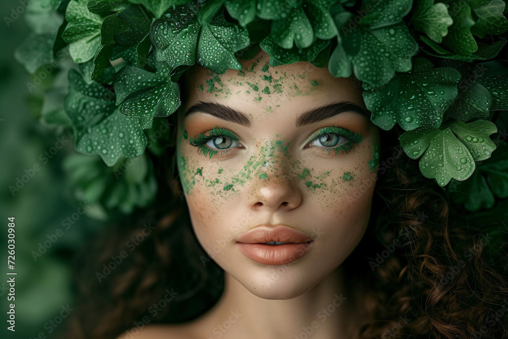 Beautiful smiling leprechaun red haired girl on green background with shamrock leaves. Young women with beer celebrating St. Patrick's Day. Fairy tail, fantasy character. Copy space Beautiful smiling leprechaun red haired girl on green background with shamrock leaves. Young women with beer celebrating St. Patrick's Day. Fairy tail, fantasy character. Copy space