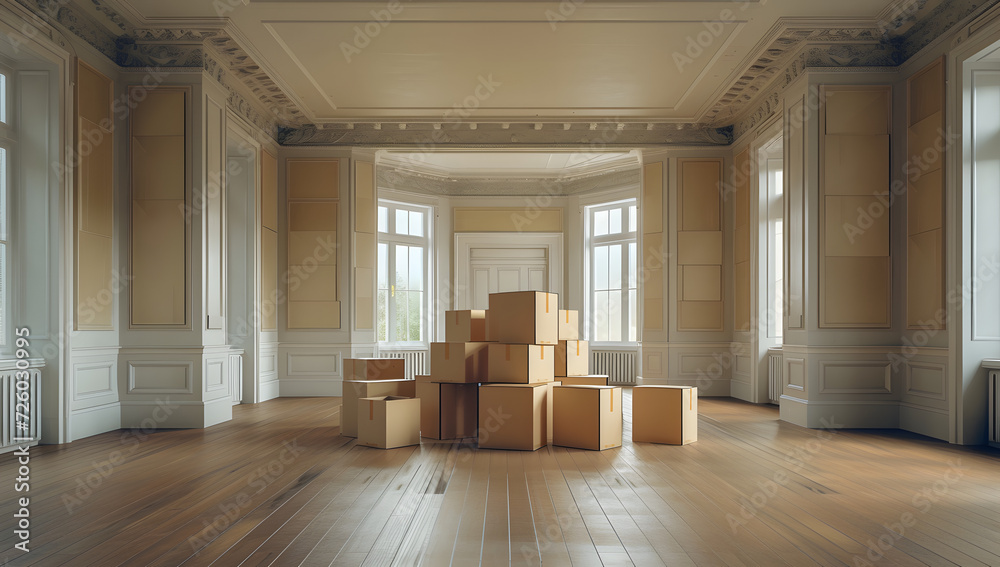 an empty new house with boxes piled up in the middle an empty new house with boxes piled up in the middle