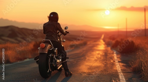 Lone Wolf A lone biker on the open road, donning a worn leather jacket, an oldschool motorcycle helmet, and a vintage motorcycle with sunset hues in the background. © Justlight