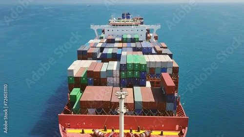 Close up, low level tracking over container ship from nose side to center and stern. 1 minute, full length footage of 300x48 meters long and width cargo ship underway Black Sea photo