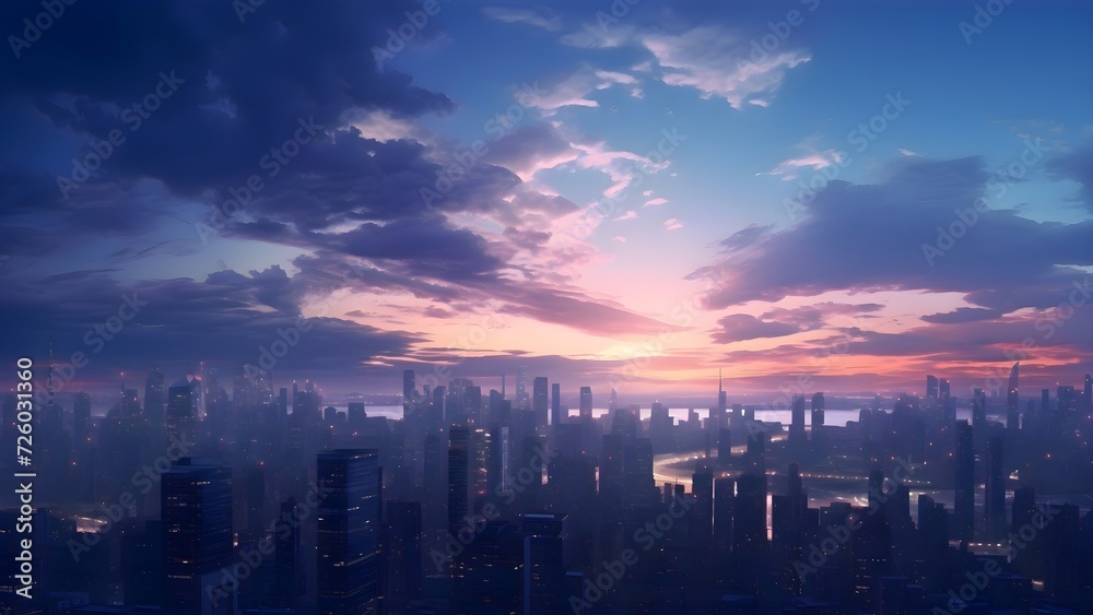 A panoramic view of a city skyline at dusk