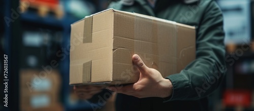 Close-up of a person's hand holding a box used for distribution and shipping. The box is important for small business owners involved in exporting and delivering cargo. It is a crucial part of the