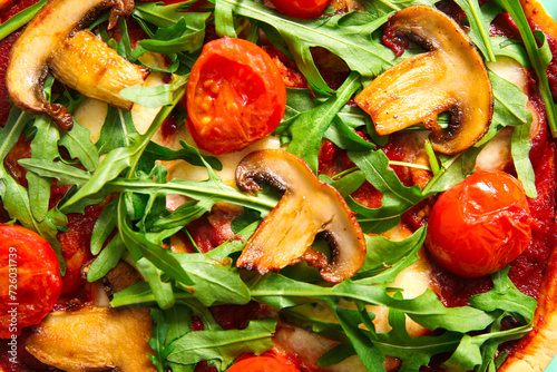 Tasty pizza with tomatoes and mushrooms, closeup