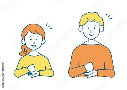 笑顔の若い男女シンプルイラスト素材＿なるほどポーズ