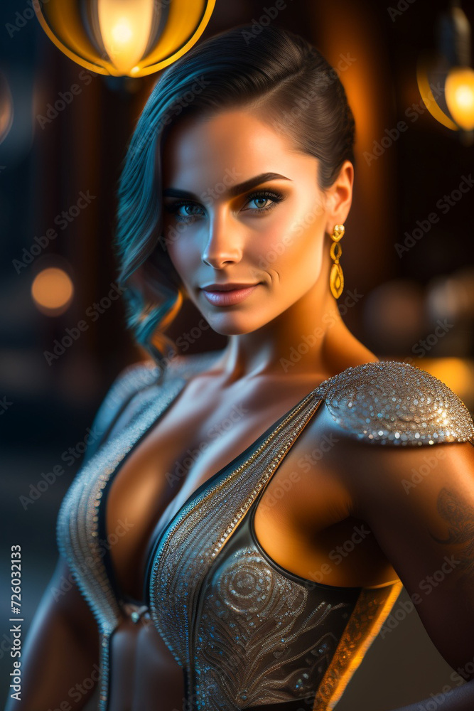 Fototapeta premium A beautiful fit brunette in short clothes in a pub at night. Generative AI_3.