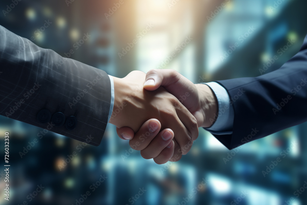 Two confident business people shake hands during a meeting in the office. Greeting and partnership concept. Generative AI