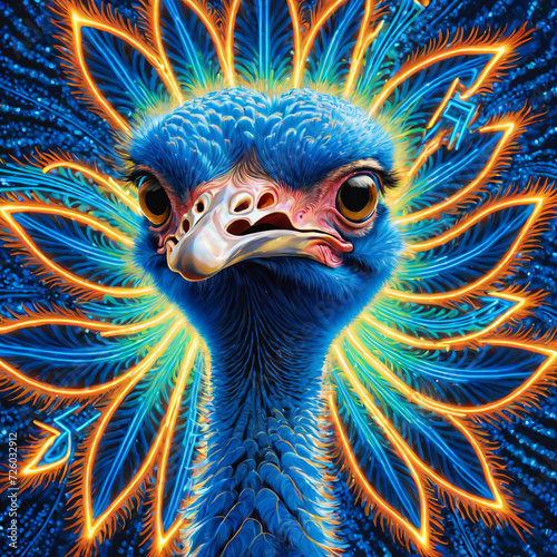 Vibrant Ostrich Close-Up with Neon Sign and Mandala-Inspired Motifs Gen AI photo