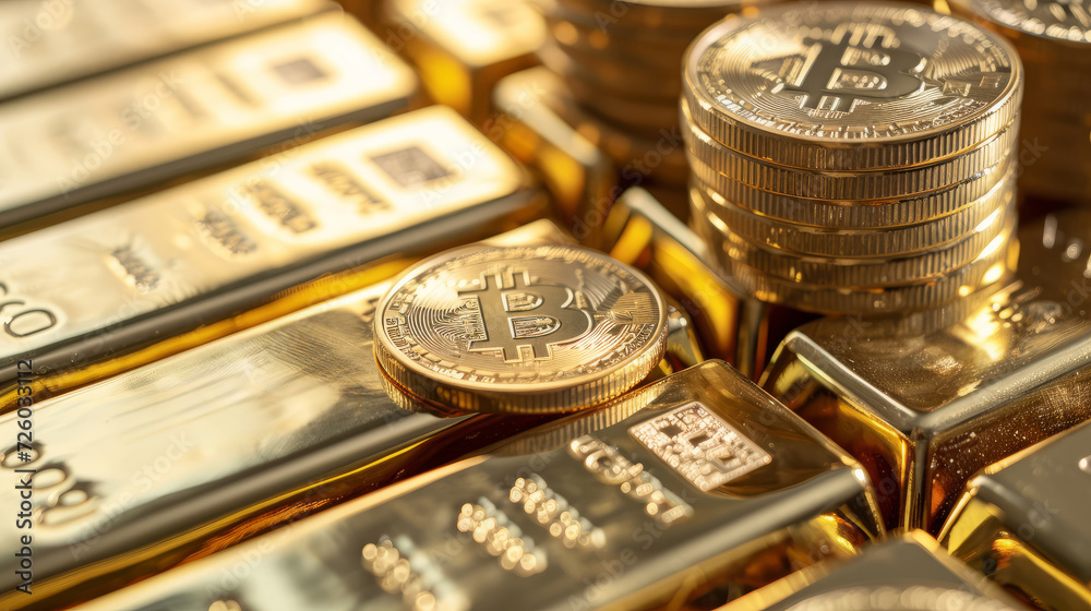 bitcoin crypto currency coin on top of gold bars bitcoin crypto currency coin on top of gold bars