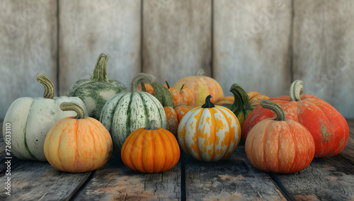 colorful pumpkins, squashes on a wooden surface