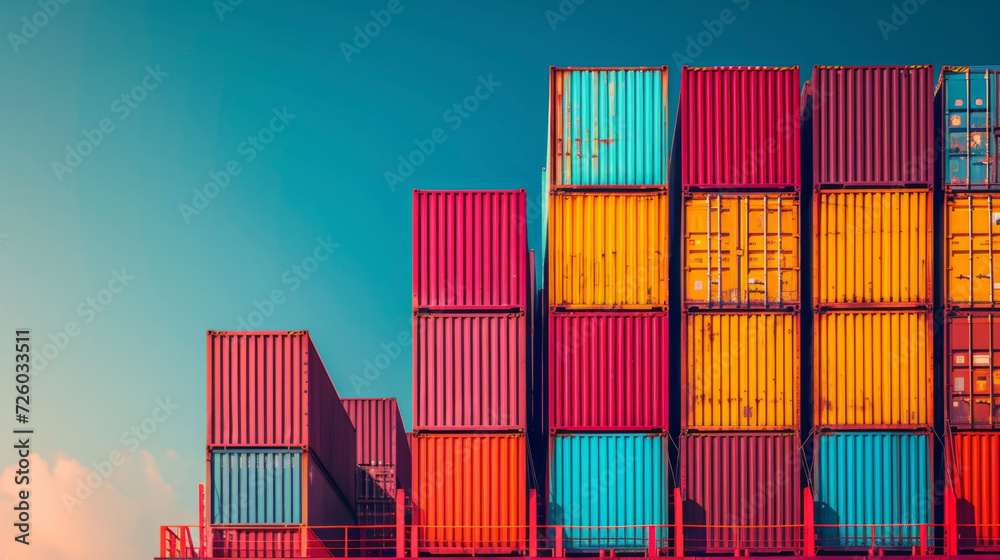 Fototapeta premium A stack of shipping containers stacked high on a ship highlighting the impact of market fluctuations on cargo shipping and the potential financial risks involved.