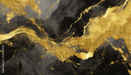 Gold abstract black marble background art paint pattern ink texture watercolor white fluid wall. Abstract liquid gold design luxury wallpaper nature black brush oil modern paper splash painting water. © Micaela