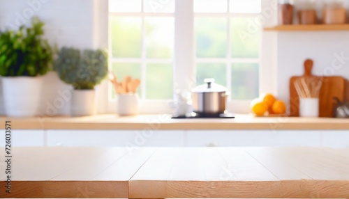 Kitchen background top counter interior wood blur home wooden empty room light white. Top kitchen product background desk modern window food display design texture tabletop restaurant board wall space © Micaela