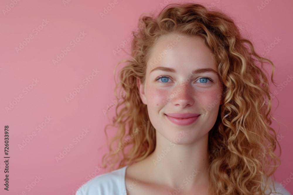 Smiling Young Woman with Curly Red Hair on Pink Background Smiling Young Woman with Curly Red Hair on Pink Background